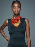 FIERY RED ABSTRACT FLORAL SILK SATIN SQUARE SCARF - Image 4