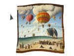 VINTAGE HOT AIR BALLOON SEASIDE SILK SATIN SQUARE SCARF - Image 2