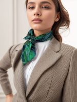 MIDNIGHT TEAL FEATHERED BLOSSOM SILK SATIN SQUARE SCARF