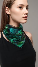 MIDNIGHT TEAL FEATHERED BLOSSOM SILK SATIN SQUARE SCARF - Image 7