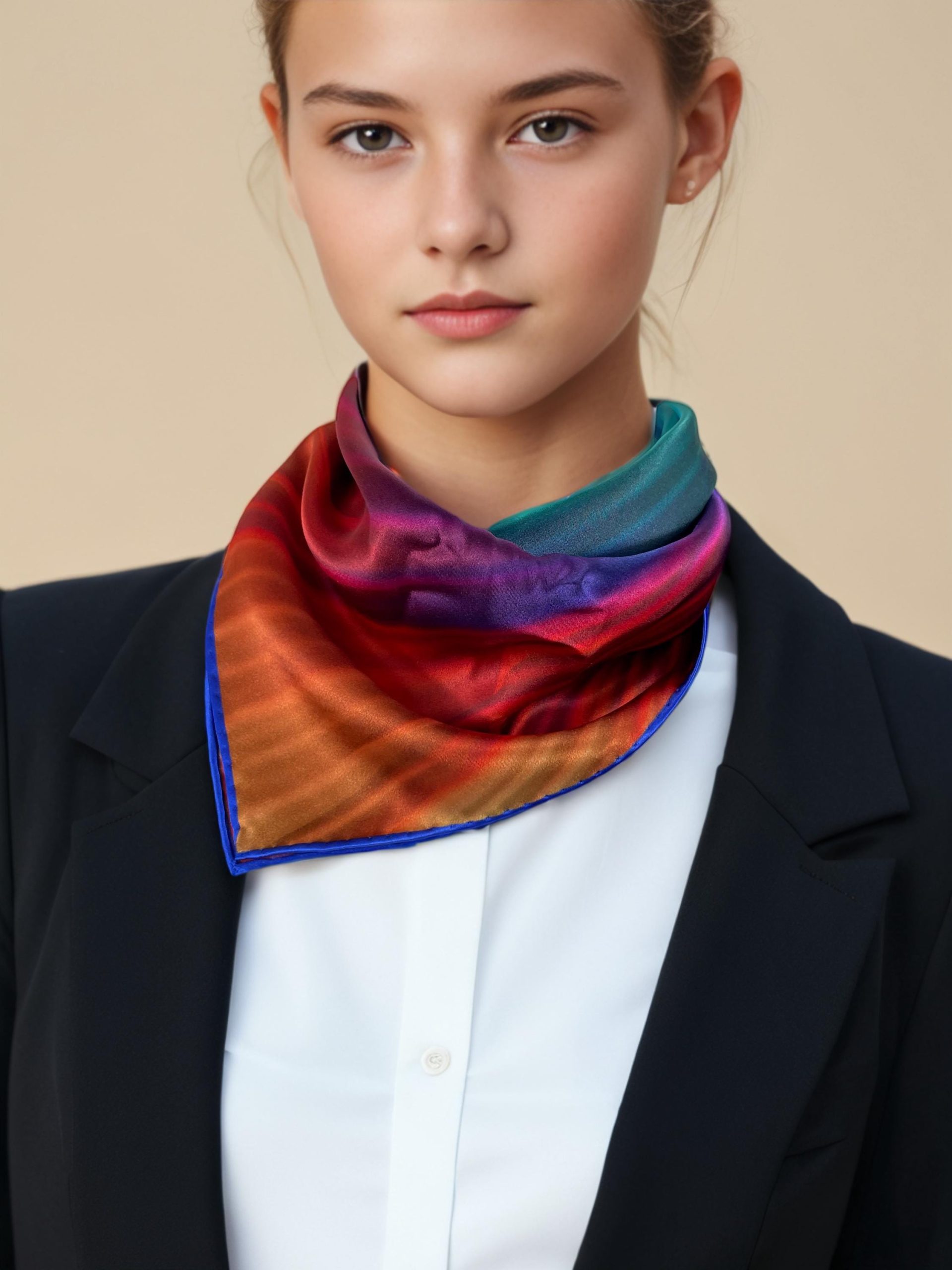 vXDt160291qt-1.jpg NEON BLUE AND RED RADIANT LIGHT SILK SATIN SQUARE SCARF - Image 1